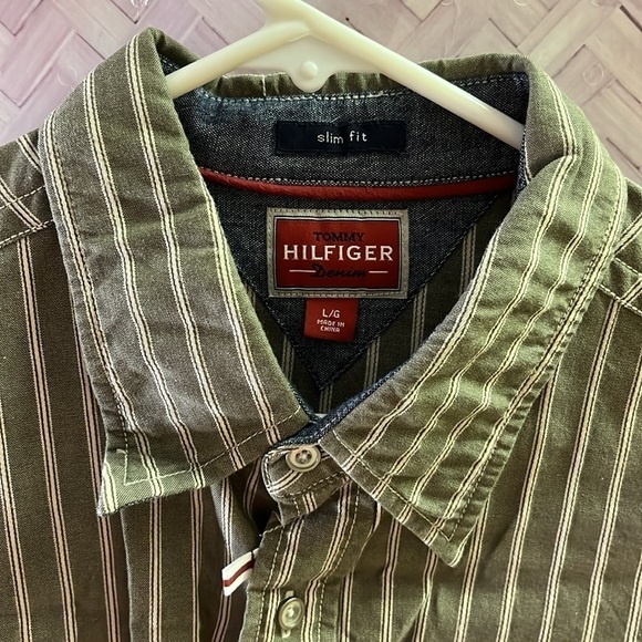 Tommy Hilfiger DENIM Striped Khaki Green Men's Western Shirt, 2007 Large - Picture 2 of 6